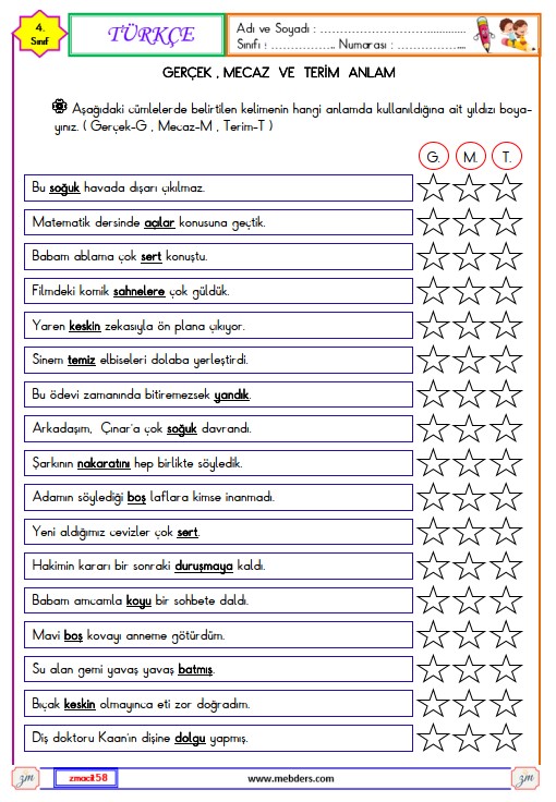 4. Sınıf Türkçe Gerçek , Mecaz ve Terim Anlam Etkinliği 3